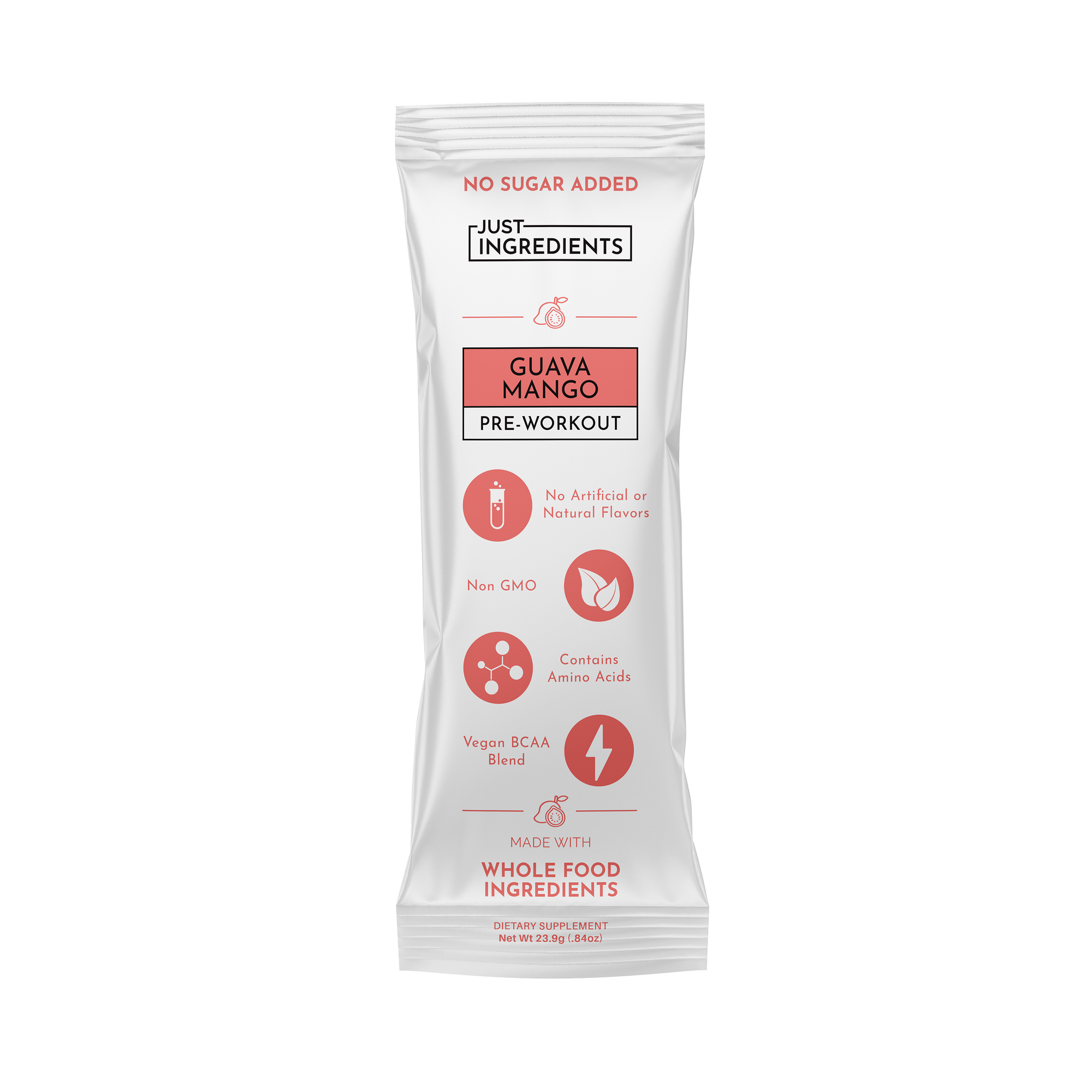 Stick pack labeled "Guava Mango Pre-Workout" with nutritional information and ingredient details.