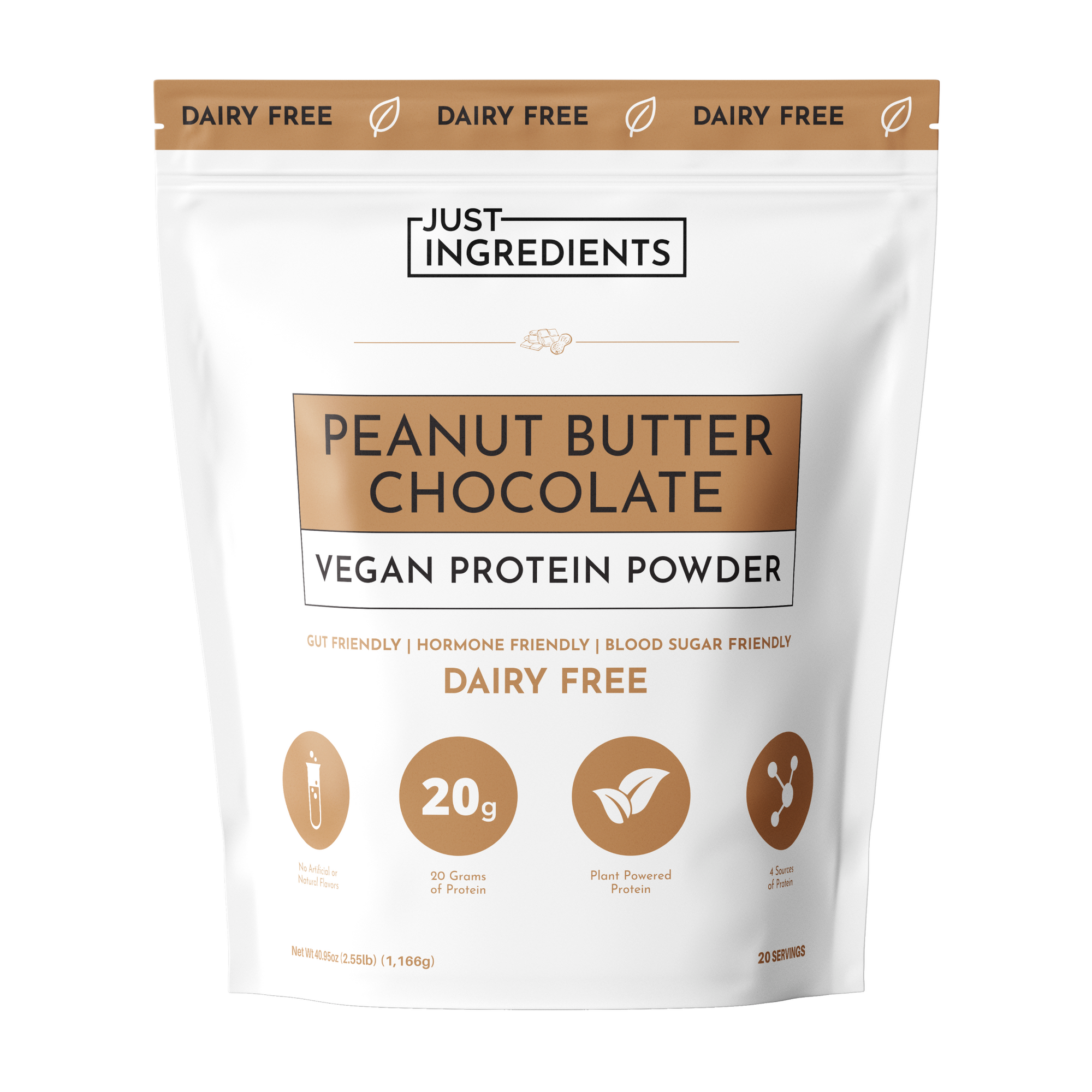 White pouch of vegan peanut butter chocolate protein powder with 20g of protein and dairy-free label.