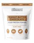 White pouch of vegan peanut butter chocolate protein powder with 20g of protein and dairy-free label.