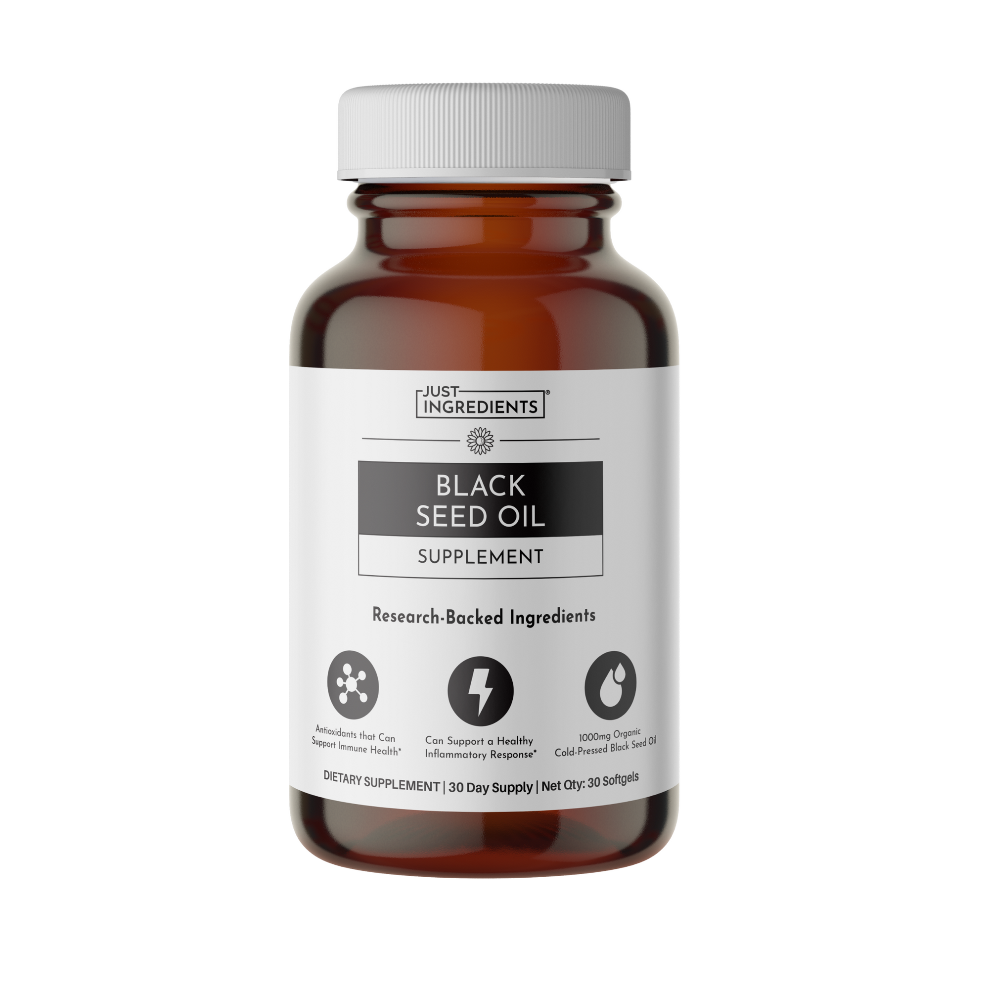 Amber glass bottle of black seed oil supplement with white cap and label indicating 30 softgels.