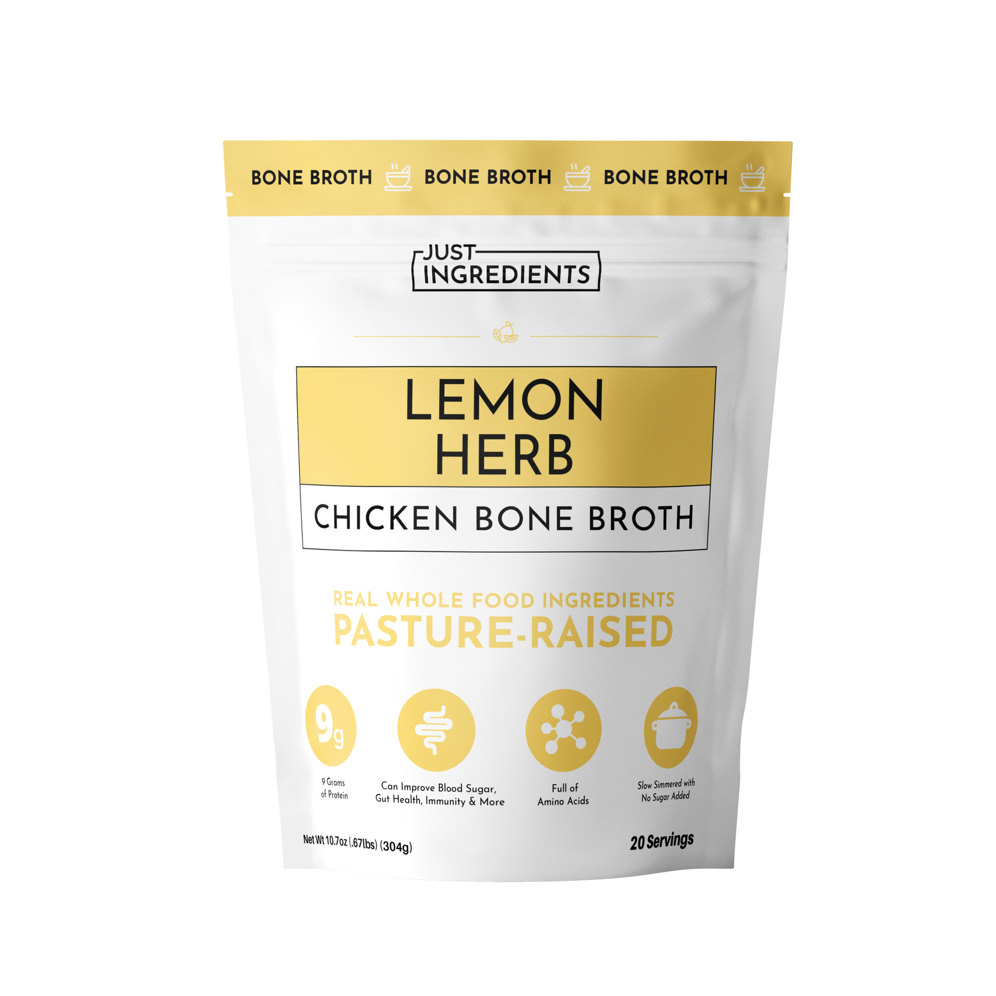 Pouch of Lemon Herb Chicken Bone Broth with nutritional information and serving details on the front.