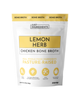 Pouch of Lemon Herb Chicken Bone Broth with nutritional information and serving details on the front.