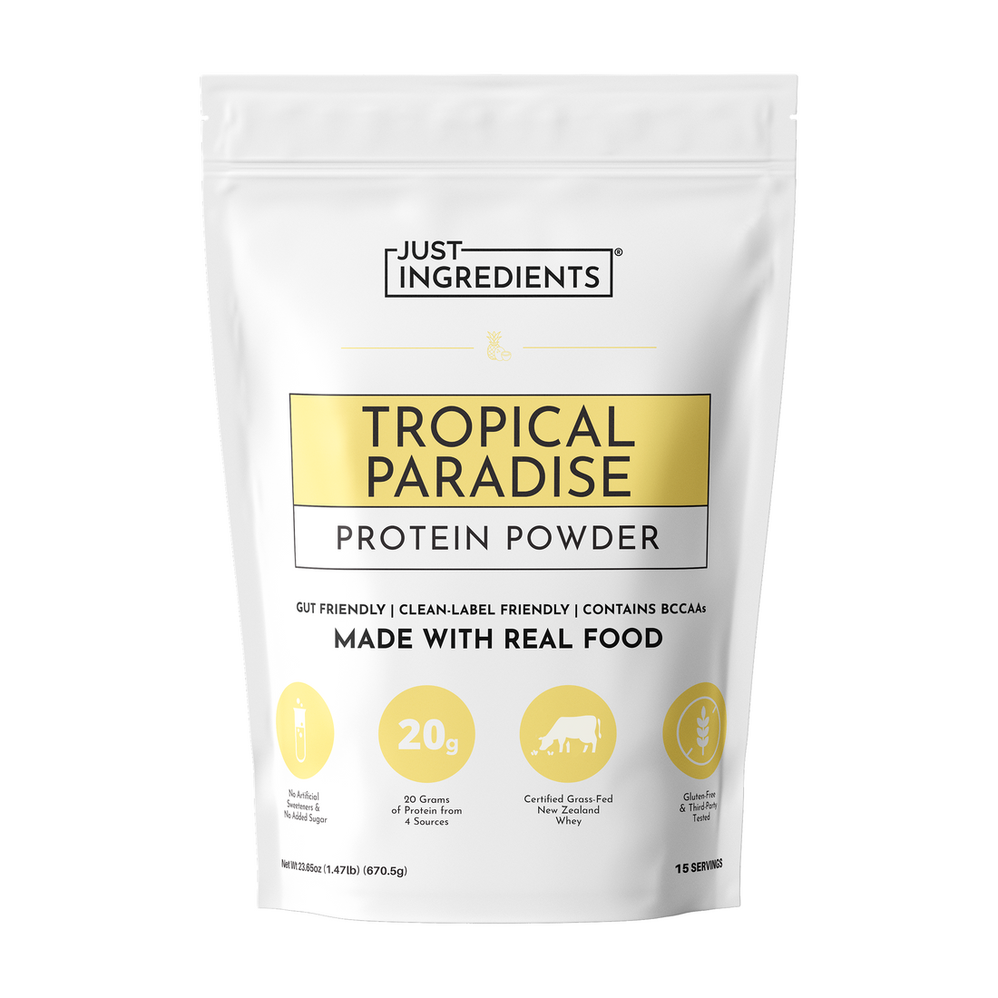 Tropical Paradise Protein Powder pouch — white pouch with yellow label showing 20g protein per serving