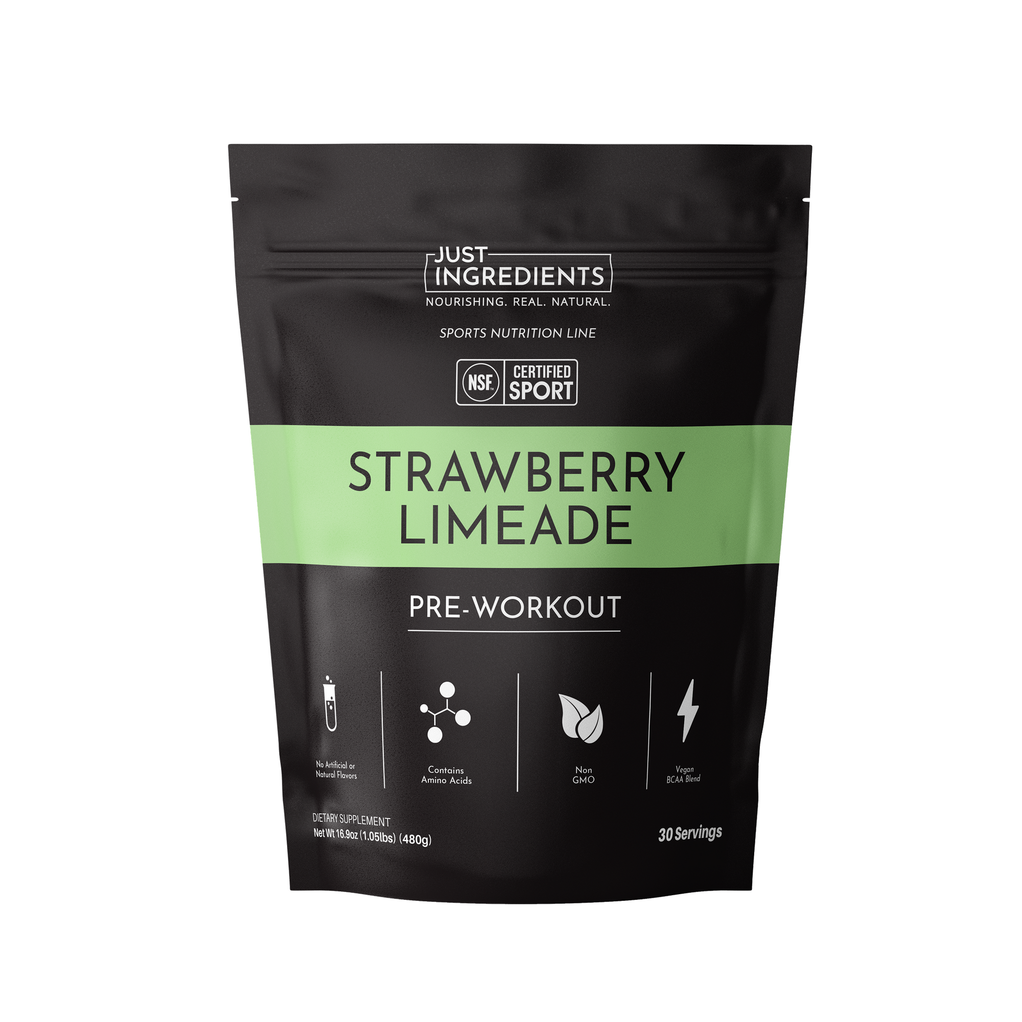 Black pouch labeled "Strawberry Limeade Pre-Workout" with NSF certification, containing 30 servings.