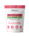 White pouch with pink and green label showing "Watermelon Lime Electrolytes" text and ingredient icons.