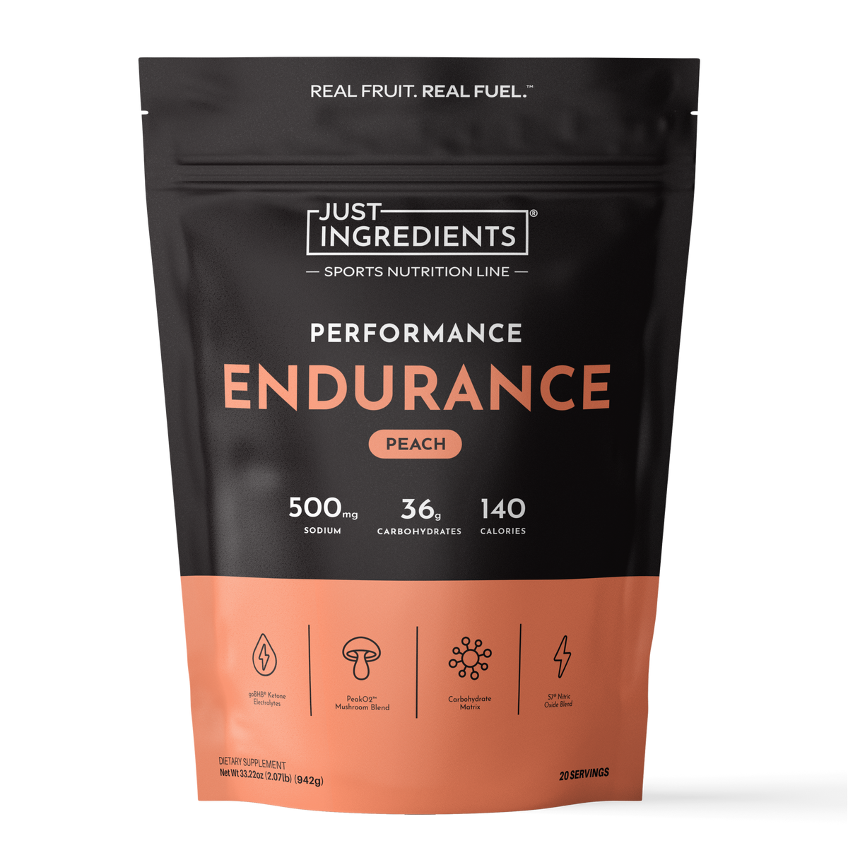 Black and peach pouch of Just Ingredients Performance Endurance drink mix in peach flavor with nutrition information displaye
