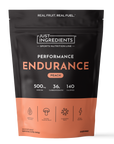 Black and peach pouch of Just Ingredients Performance Endurance drink mix in peach flavor with nutrition information displaye