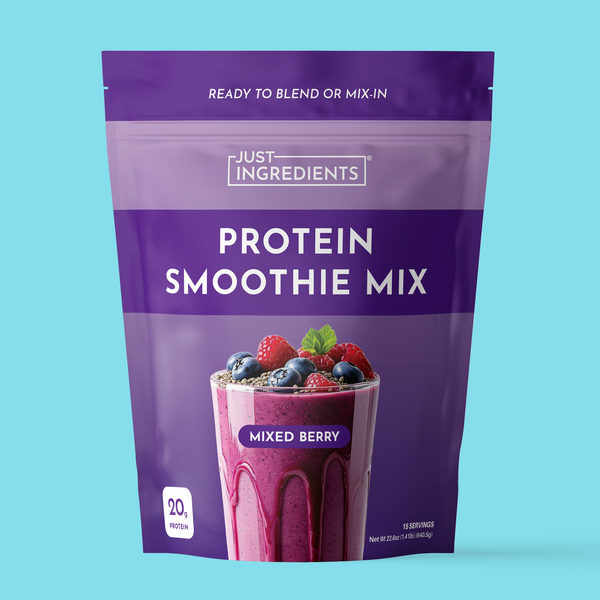 Purple pouch of Just Ingredients protein smoothie mix with mixed berry flavor, featuring a blended smoothie drink topped with