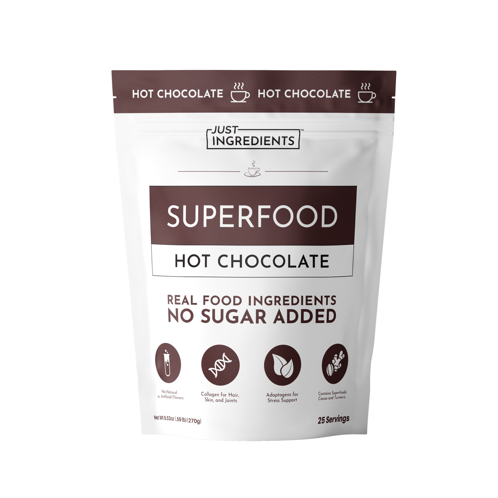 Pouch of Superfood Hot Chocolate with a white background, featuring nutritional claims and serving information.