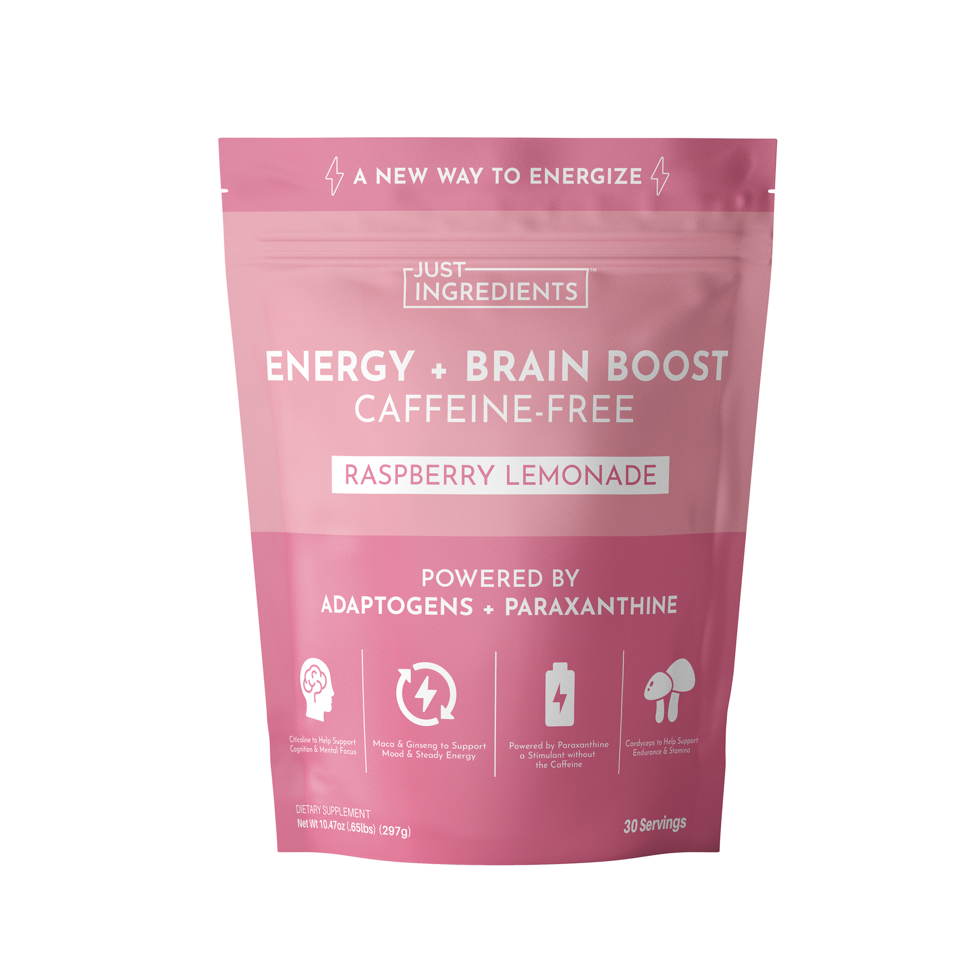 Pink pouch labeled "Energy + Brain Boost Caffeine-Free Raspberry Lemonade," featuring icons and nutritional information.