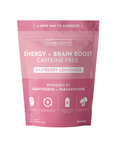 Pink pouch labeled "Energy + Brain Boost Caffeine-Free Raspberry Lemonade," featuring icons and nutritional information.