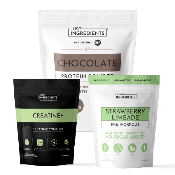 Three Just Ingredients supplement pouches: chocolate protein powder, creatine+ complex, and strawberry limeade pre-workout dr