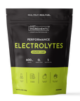 Black and lime green pouch of Just Ingredients Performance Electrolytes in Lemon Lime flavor with product information and ico