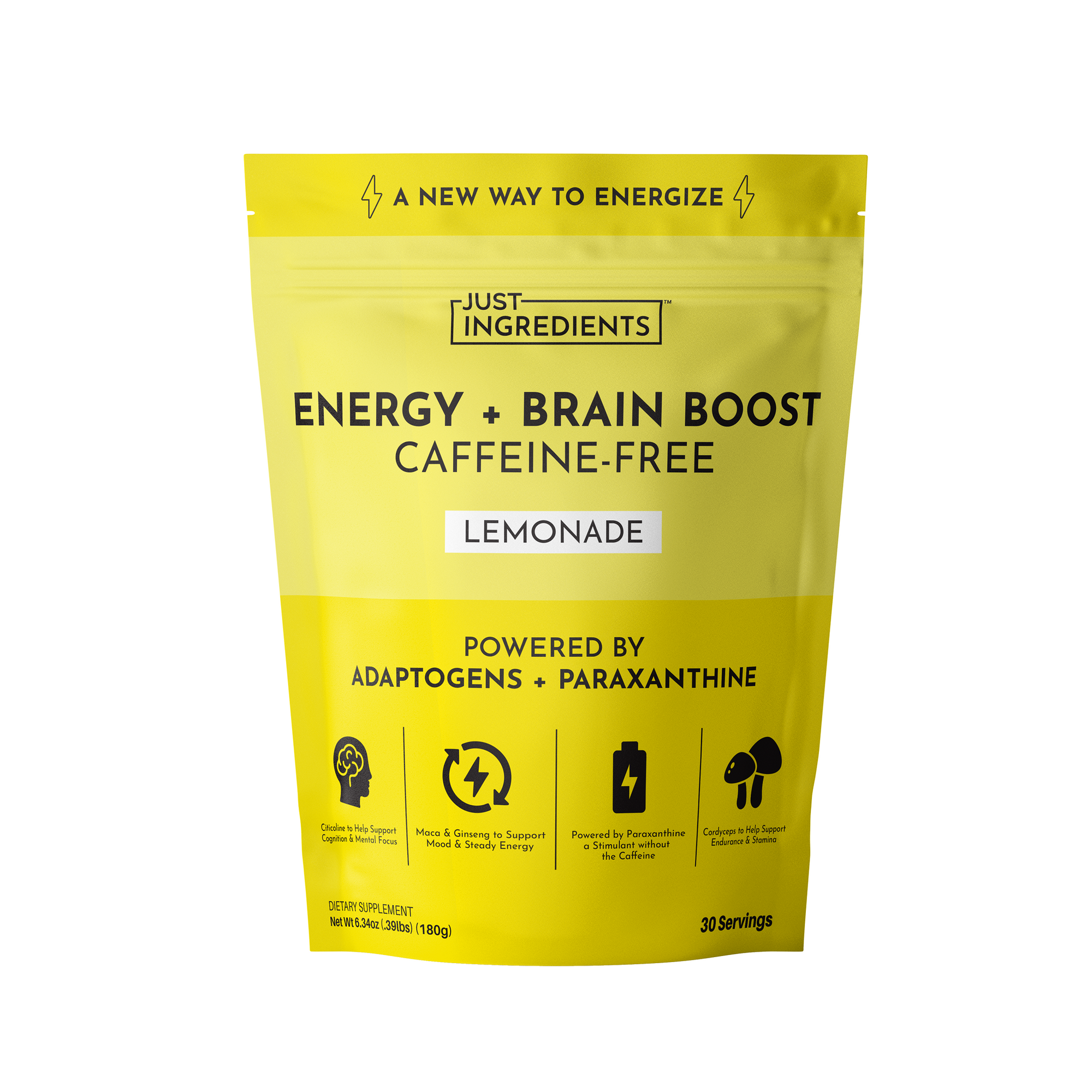 Yellow pouch labeled "Energy + Brain Boost Lemonade," caffeine-free, containing 30 servings, with various ingredient highligh