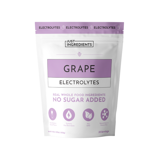 Purple pouch of Grape Electrolytes with 30 servings, featuring no sugar added and five electrolytes.
