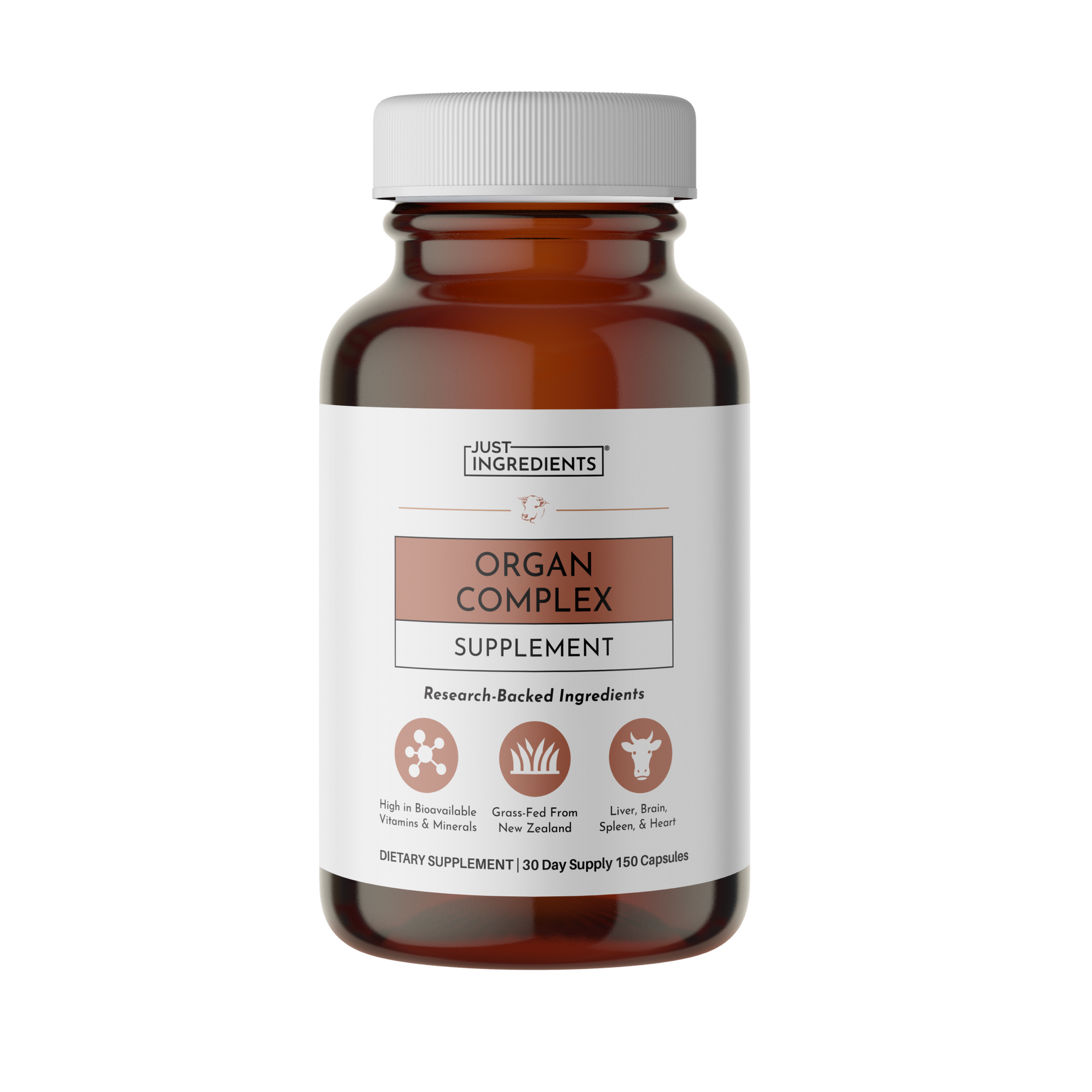 Brown glass bottle of Organ Complex dietary supplement with white label, containing 150 capsules for 30-day supply.