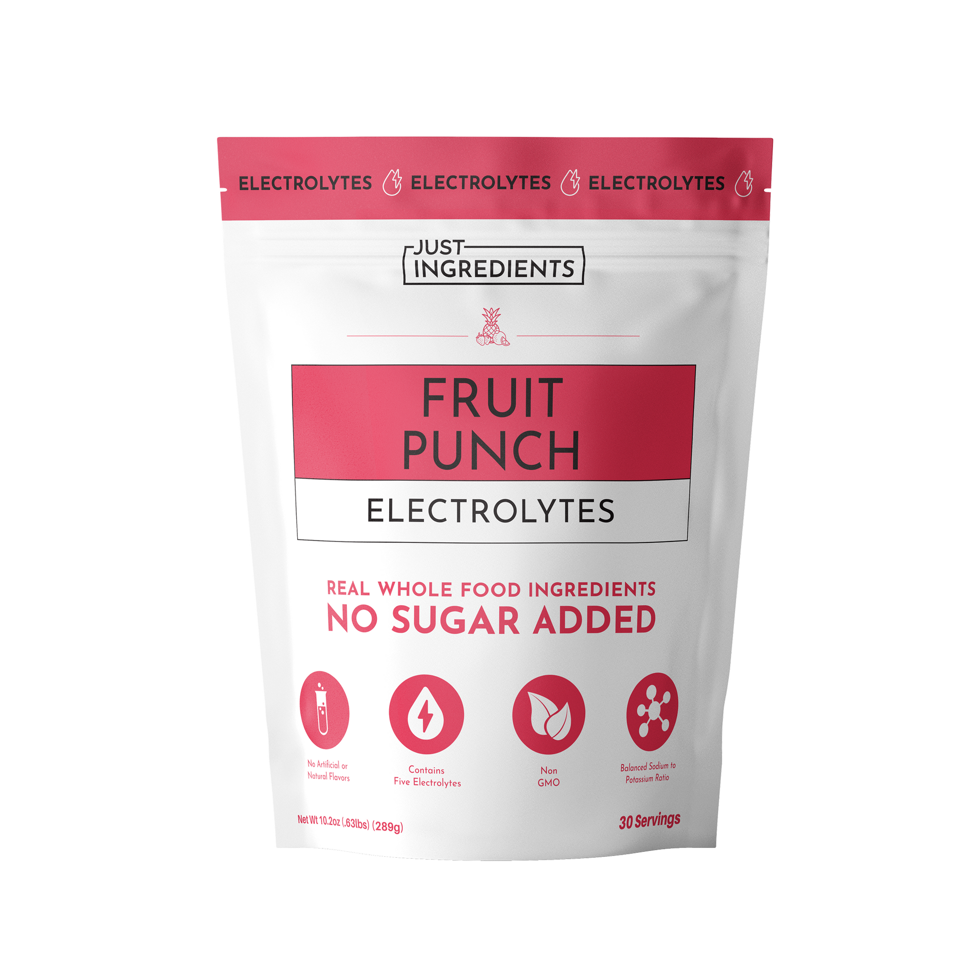 Pouch of Fruit Punch Electrolytes with no sugar added, featuring whole food ingredients and 30 servings.