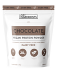 Brown and white packaging of vegan chocolate protein powder with nutritional information and serving details.