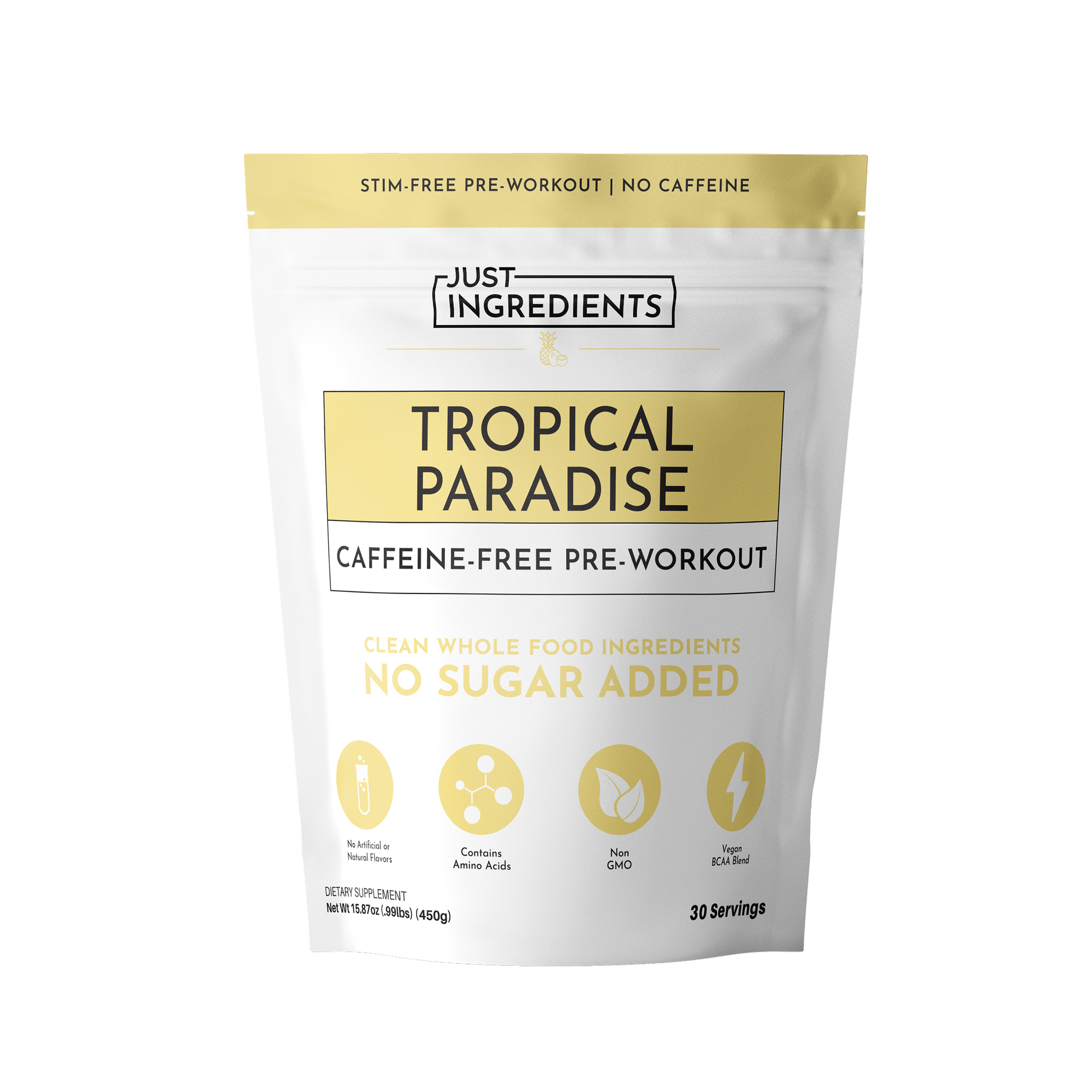 Resealable pouch of caffeine-free pre-workout powder labeled "Tropical Paradise," containing 30 servings.