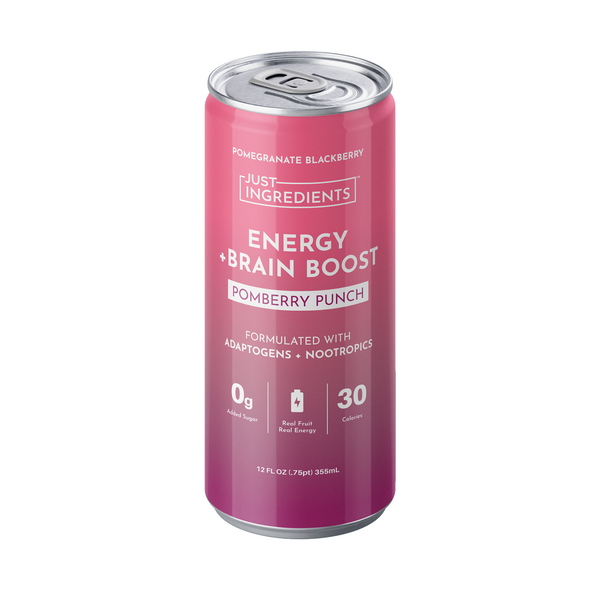 Pink can of Pomberry Punch energy drink featuring pomegranate and blackberry flavors, 12 fl oz size.