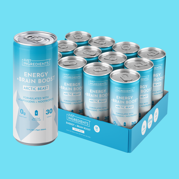 Twelve blue and white aluminum cans of Arctic Beast Energy + Brain Boost drink in a blue cardboard case box.