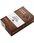 Brown box packaging for Chocolate Chocolate Chip Protein Snack Bar, featuring nutritional information and images of chocolate