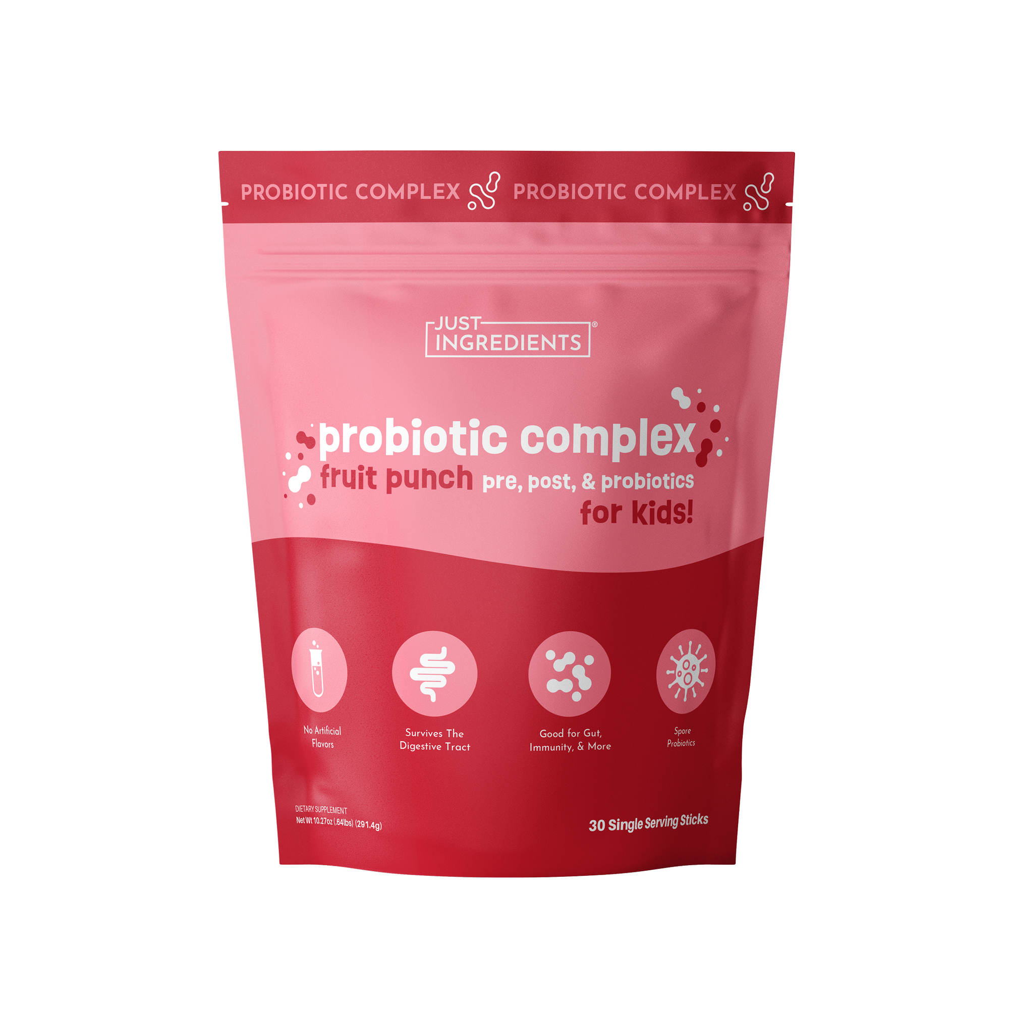 Pink resealable pouch of fruit punch-flavored probiotic powder with 30 single-serving sticks for kids.