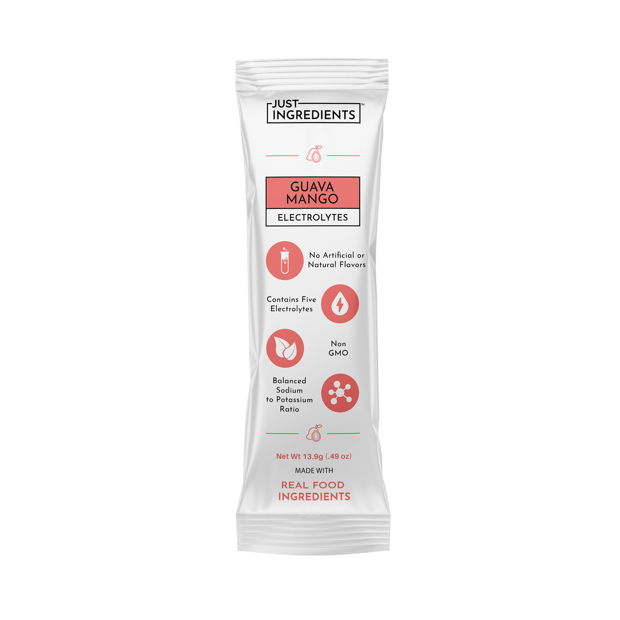 Electrolyte stick packaging featuring "Guava Mango" flavor and details on ingredients and benefits.