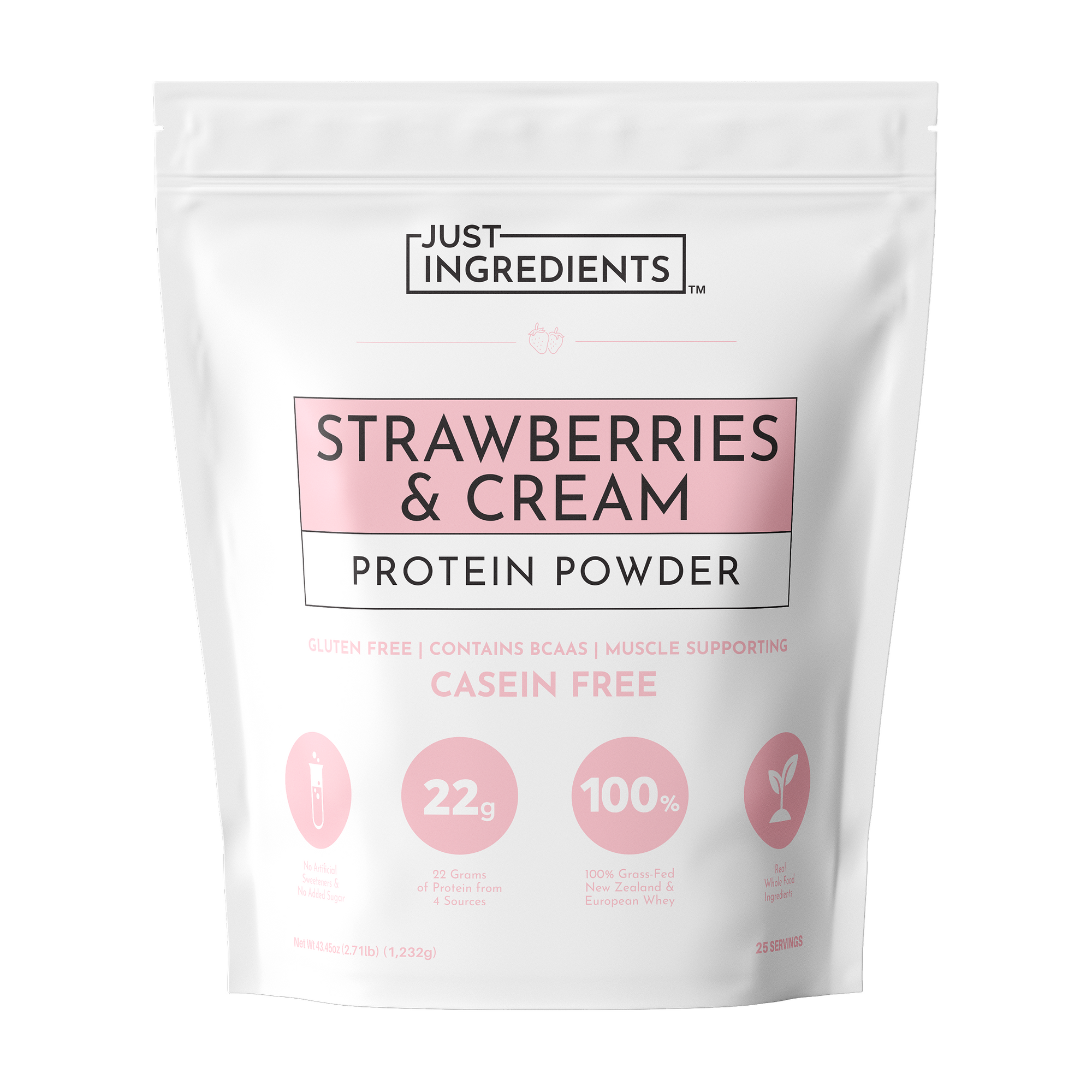 White pouch of protein powder labeled "Strawberries &amp; Cream" with nutritional information and branding details.