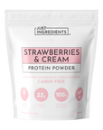 White pouch of protein powder labeled "Strawberries & Cream" with nutritional information and branding details.