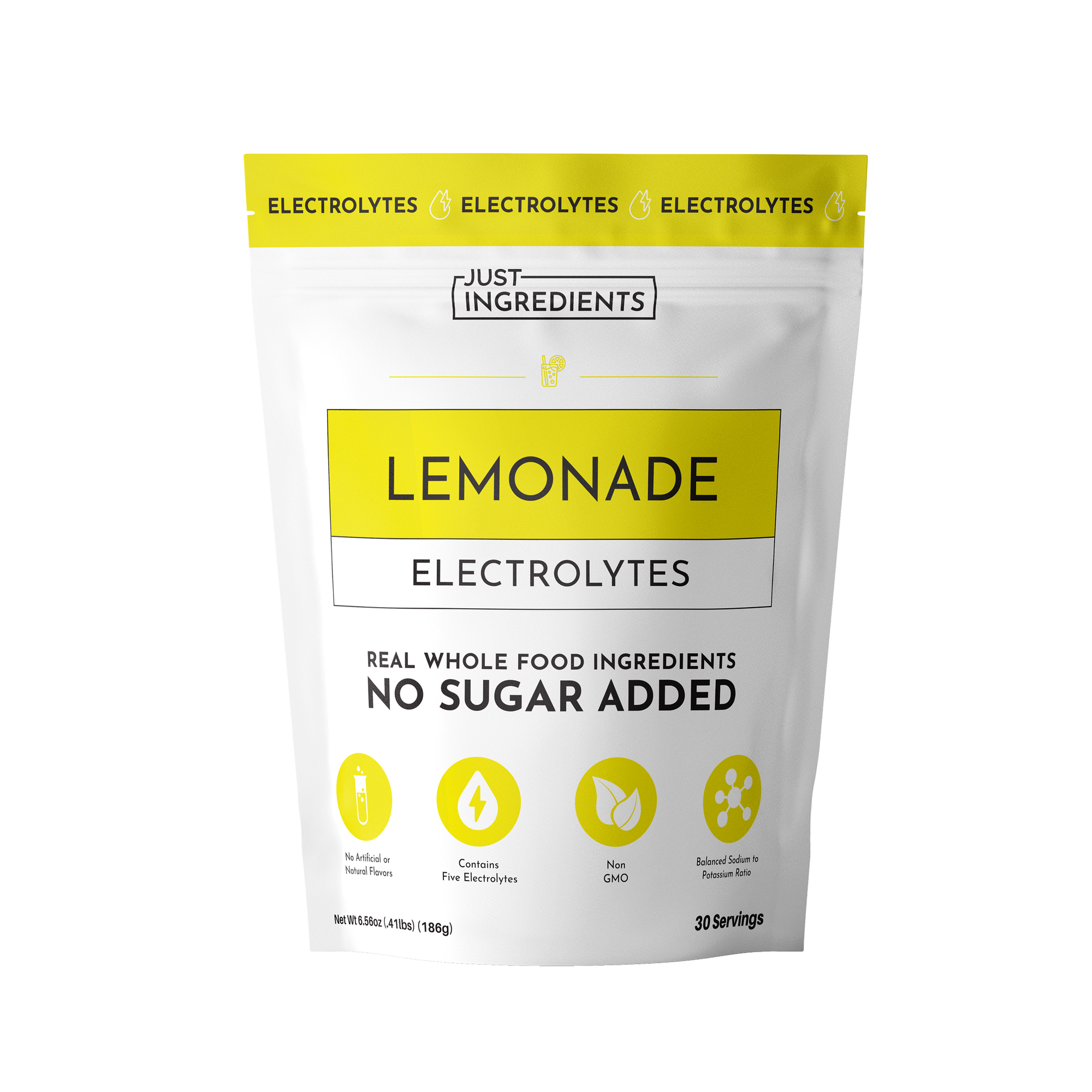Pouch of Lemonade Electrolytes featuring a yellow and white design, labeled with ingredients and serving information.