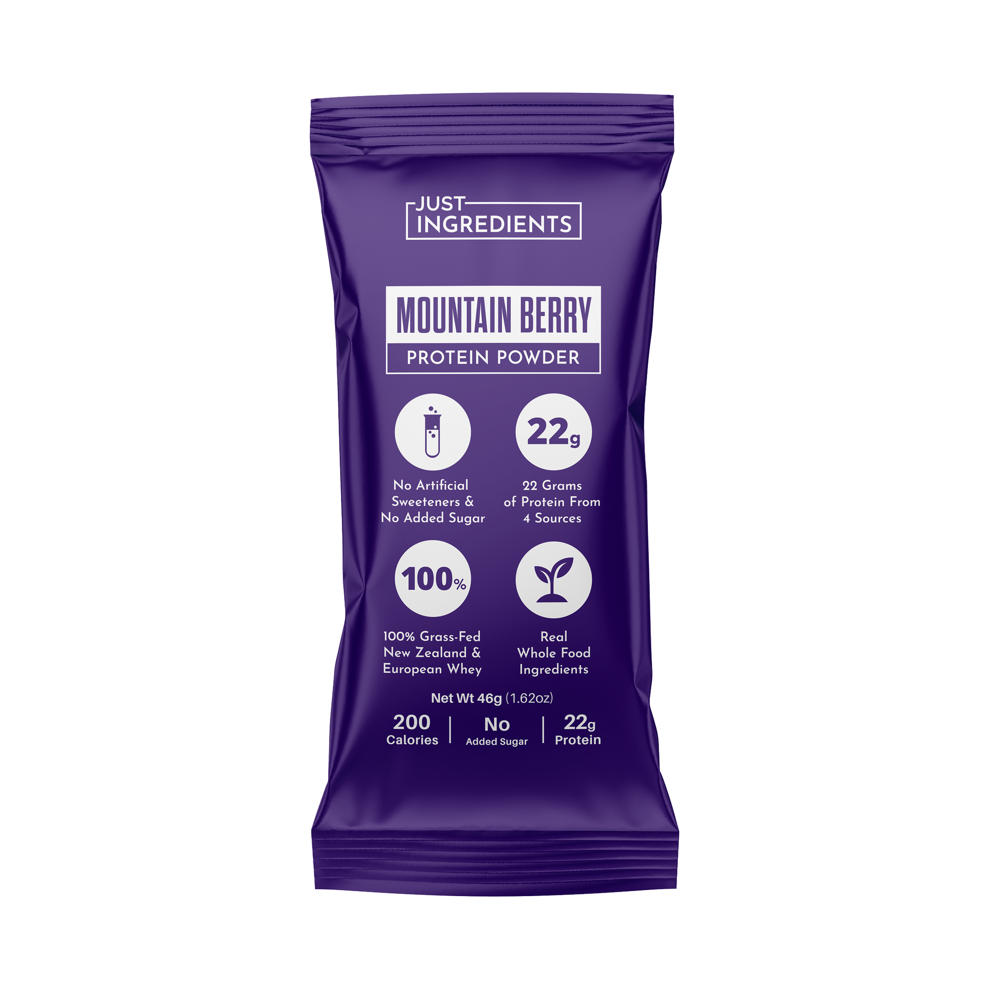 Purple packaging of Mountain Berry Protein Powder with nutritional information and ingredients listed.
