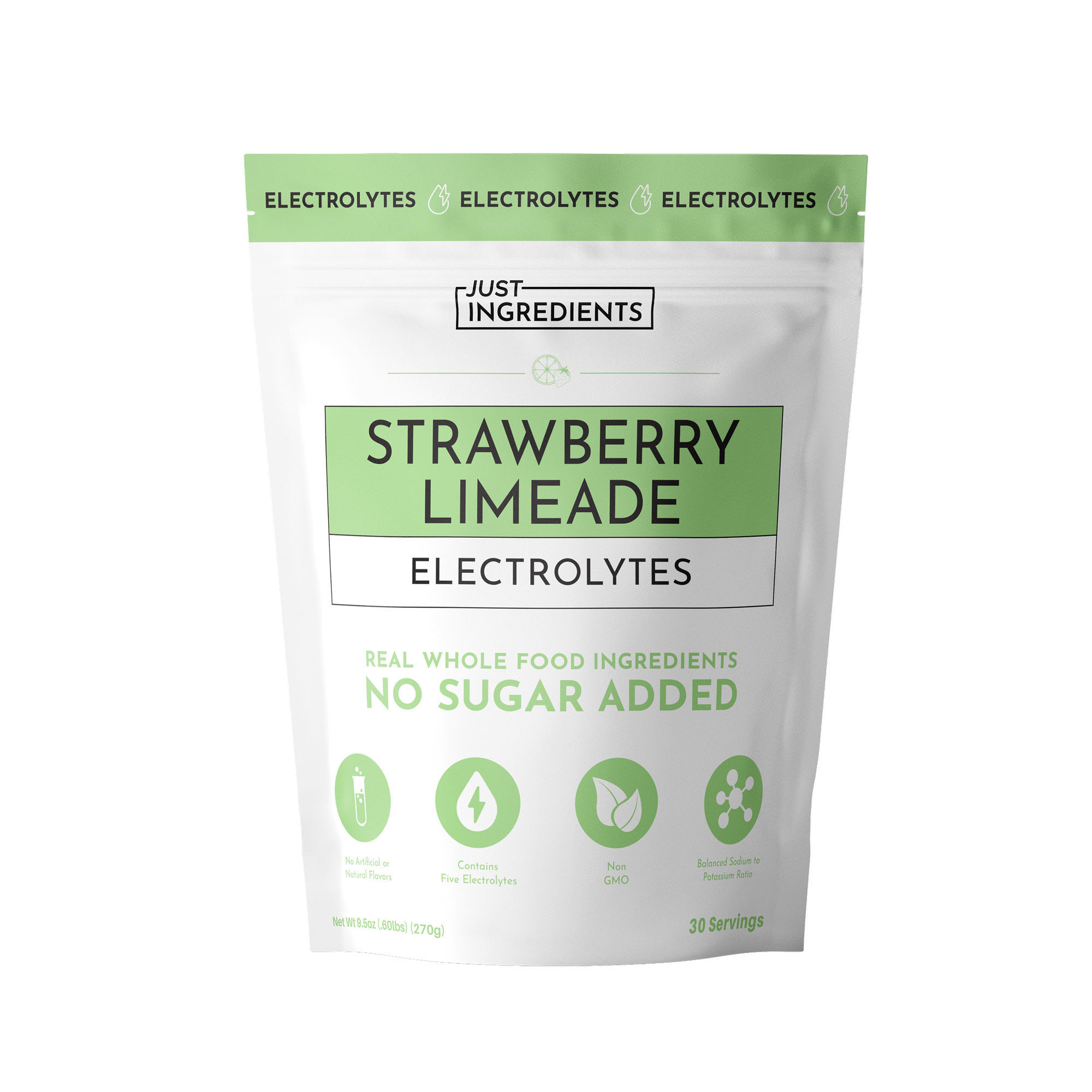 Pouch of Strawberry Limeade Electrolytes with no sugar added, featuring green and white packaging.