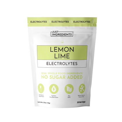 Pouch of Lemon Lime Electrolytes with 30 servings, featuring no sugar added and real whole food ingredients.