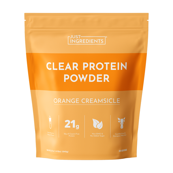 Orange and tan resealable pouch labeled "Just Ingredients Clear Protein Powder Orange Creamsicle" with nutritional icons belo