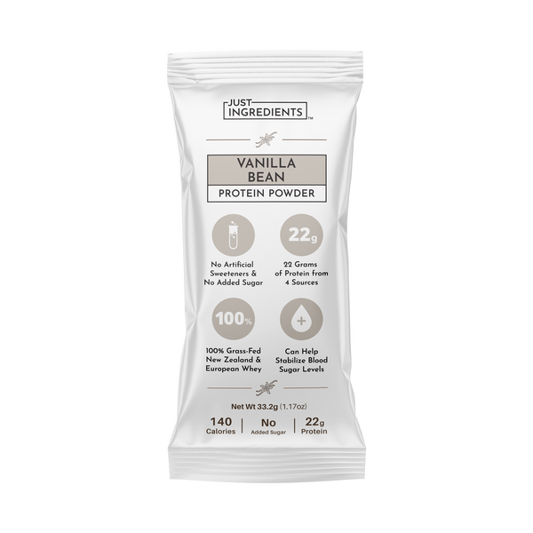White protein powder stick with "Vanilla Bean Protein Powder" label and nutritional information.