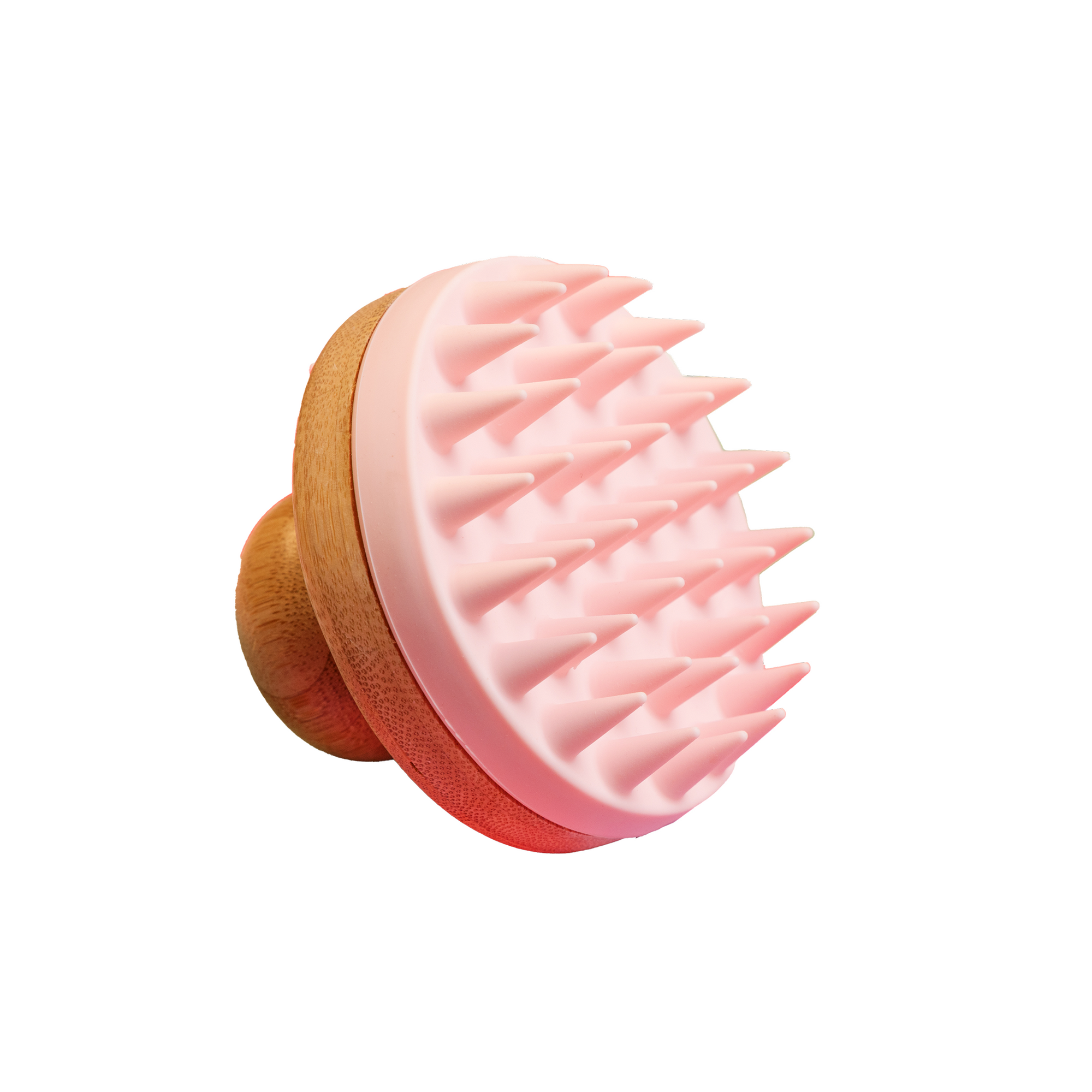 Scalp scrubber with a pink silicone bristle head and a wooden handle for easy grip.