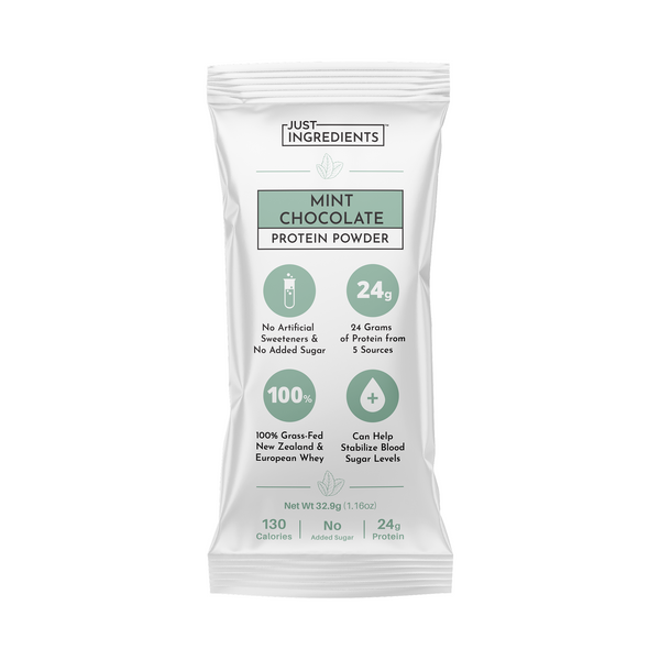 Mint chocolate protein powder stick with 24g protein, 130 calories, and no artificial sweeteners or added sugar.