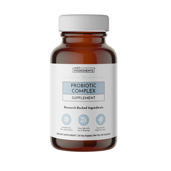 Brown glass bottle with white cap containing Probiotic Complex supplement capsules, labeled with "Just Ingredients" branding.