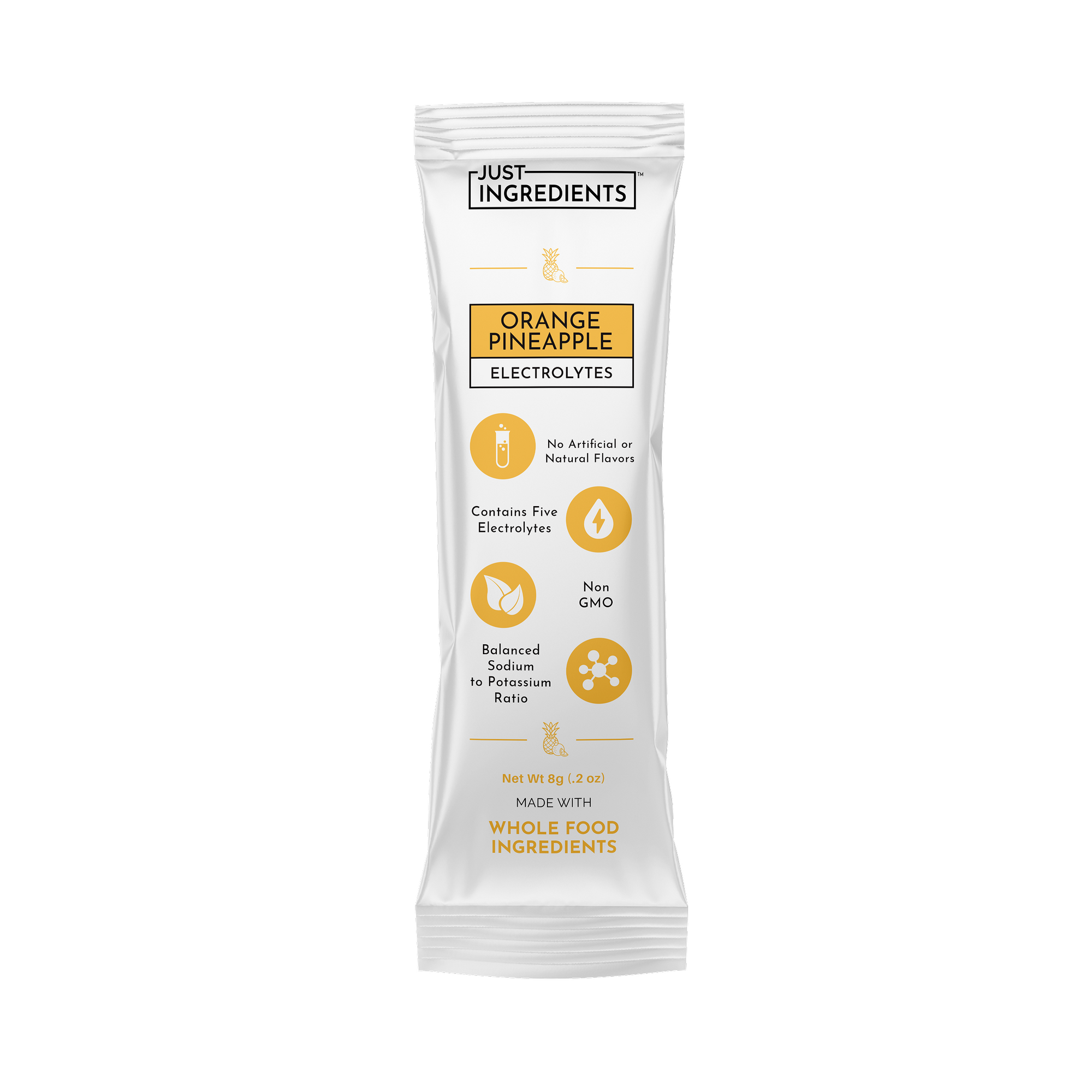 Electrolyte stick in a silver package with orange pineapple flavor, featuring nutritional information and ingredient details.