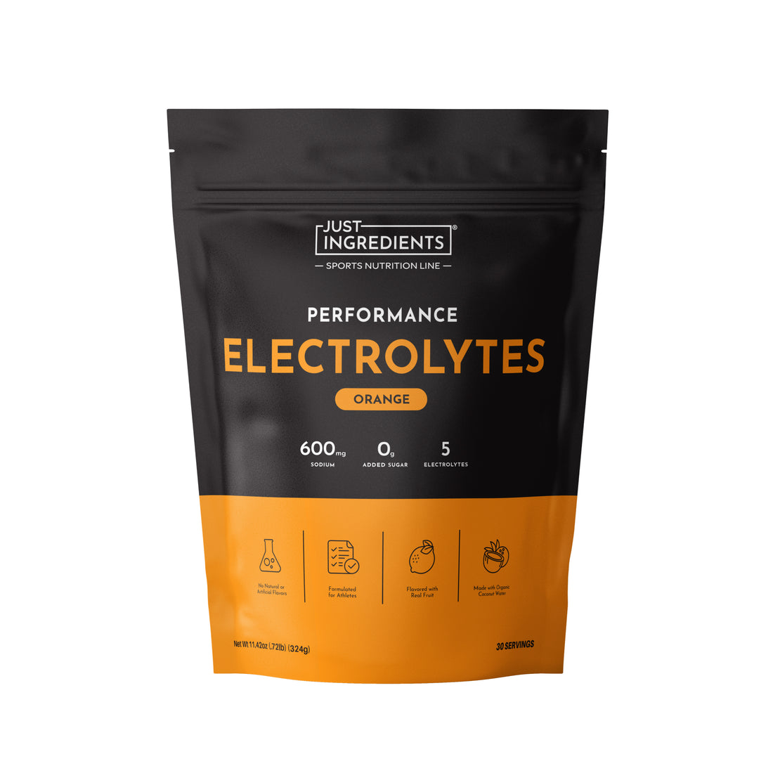 Black and orange pouch of Performance Electrolytes (orange flavor) with product badges and flavor label.
