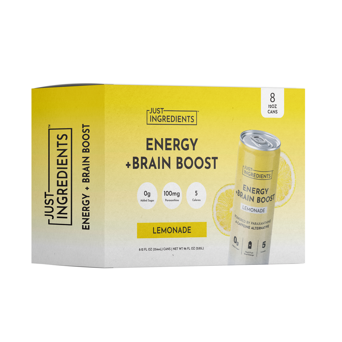 Yellow box of eight 12 fl oz Lemonade Energy + Brain Boost cans with a visible nutrition panel.