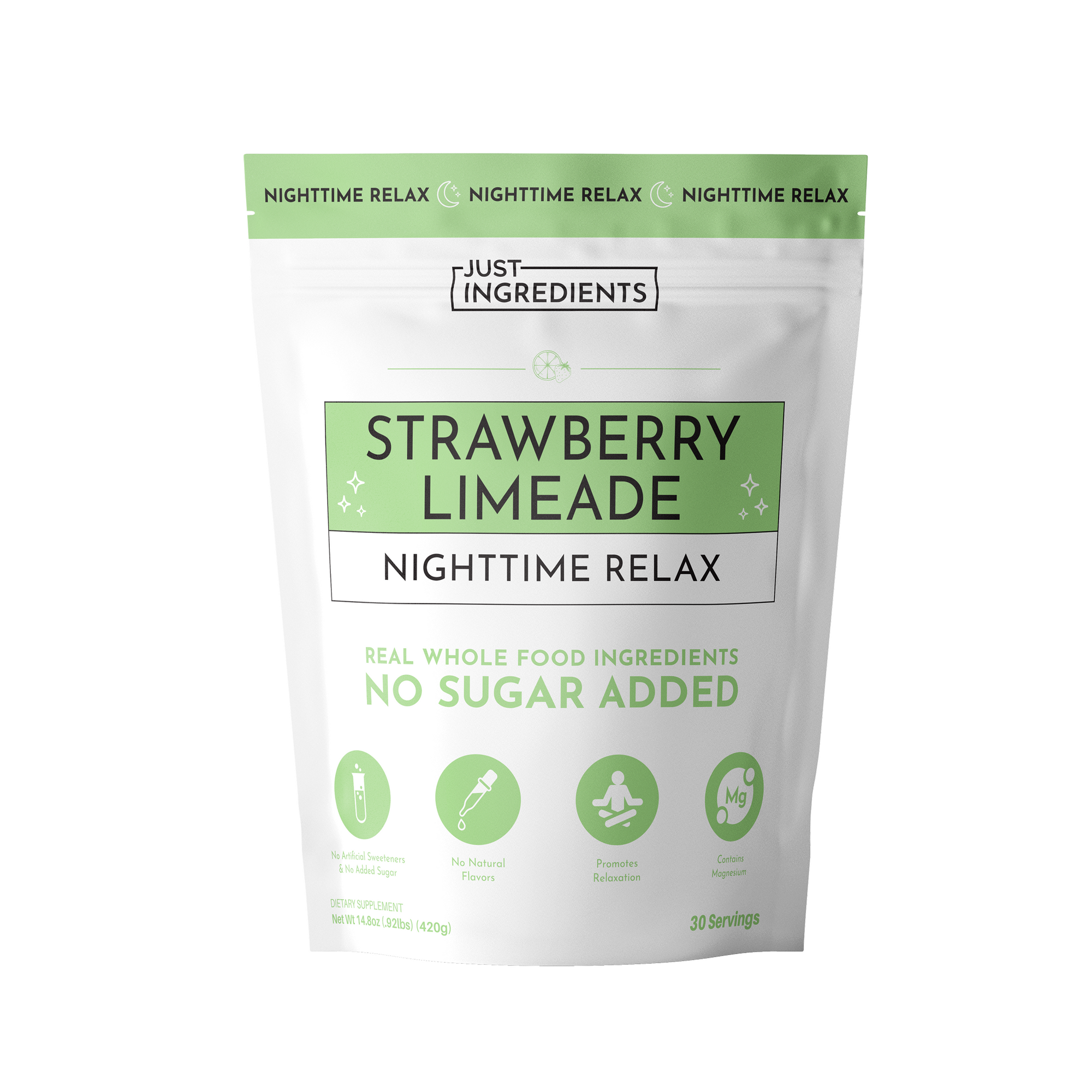 White pouch with green header and label showing "Strawberry Limeade Nighttime Relax" with icons for no artificial sweeteners,
