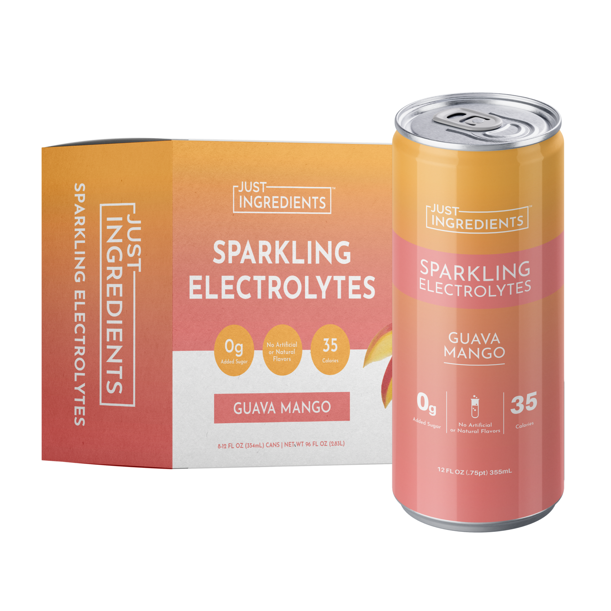 Pack of eight cans of Guava Mango Sparkling Electrolytes with 0g added sugar and 35 calories per can.