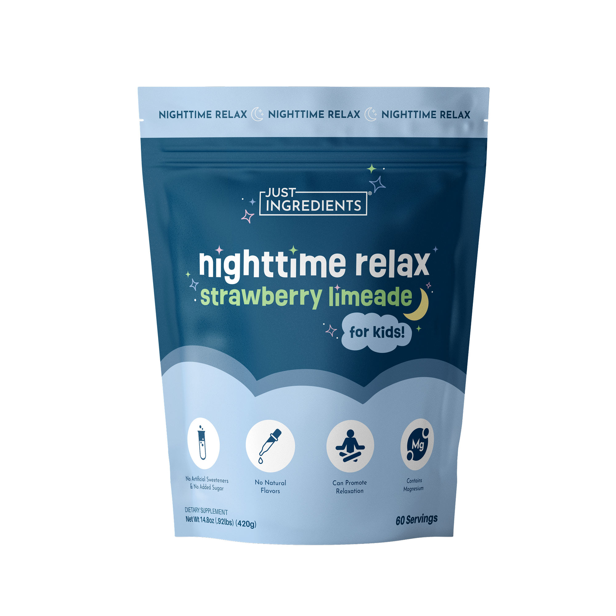 Blue pouch of Just Ingredients strawberry limeade nighttime relax powder for kids with feature icons and 60 servings.
