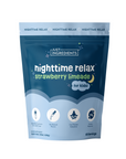 Blue pouch of Just Ingredients strawberry limeade nighttime relax powder for kids with feature icons and 60 servings.
