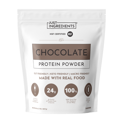 White pouch of Just Ingredients chocolate protein powder with brown label showing 24g protein per serving and NSF certificati