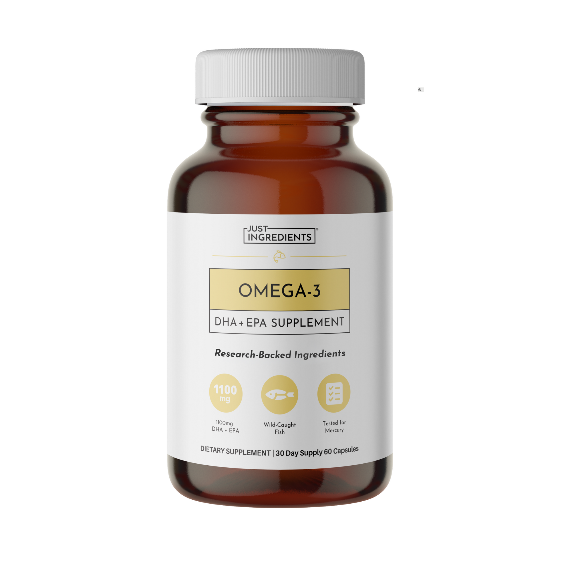 Brown glass bottle with white cap containing Omega-3 DHA and EPA supplement capsules, labeled "Just Ingredients," 60 capsules