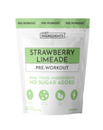 White pouch labeled "Strawberry Limeade Pre-Workout" with green accents and ingredient/serving details on the front.