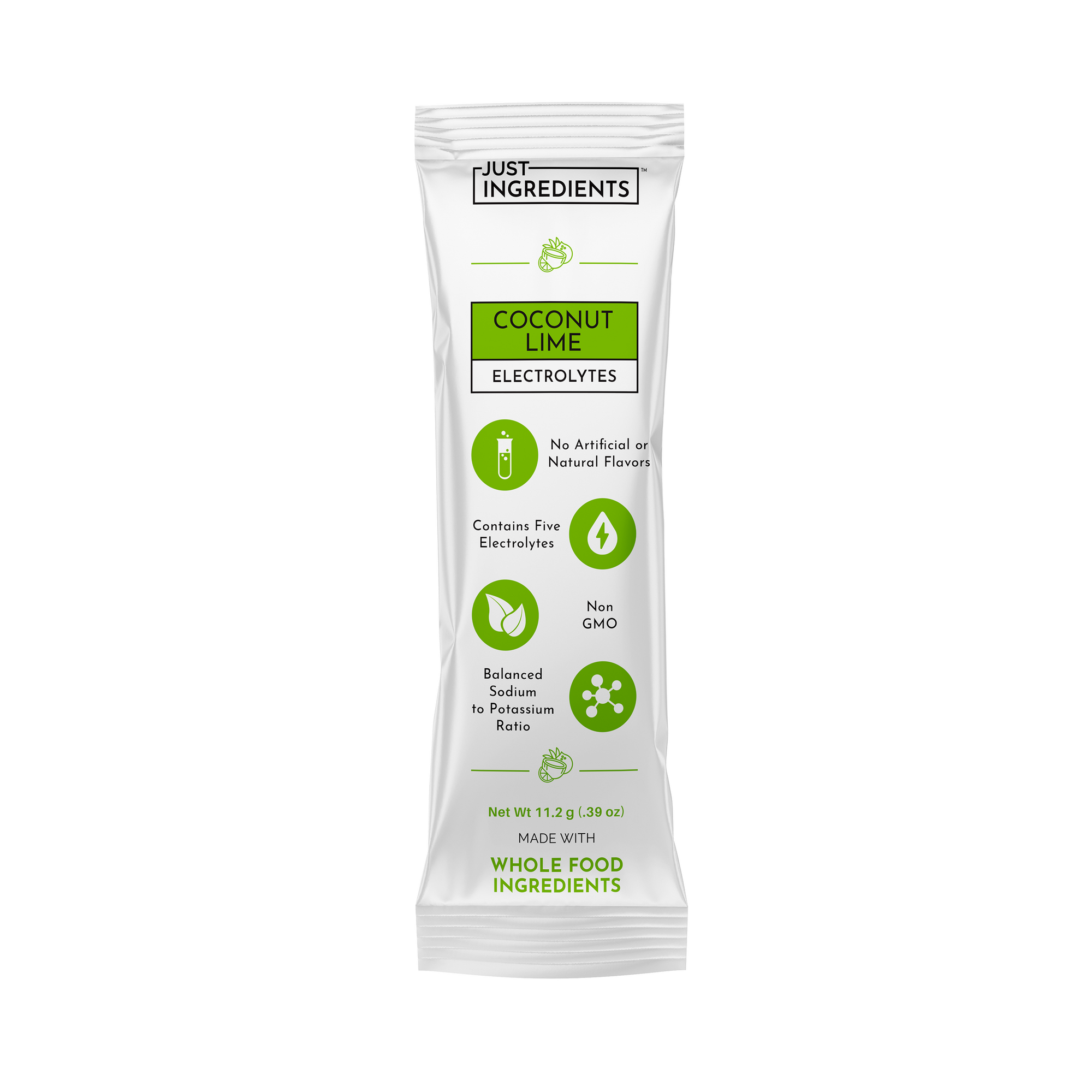 Electrolyte stick packet in coconut lime flavor with nutritional information and ingredient details.